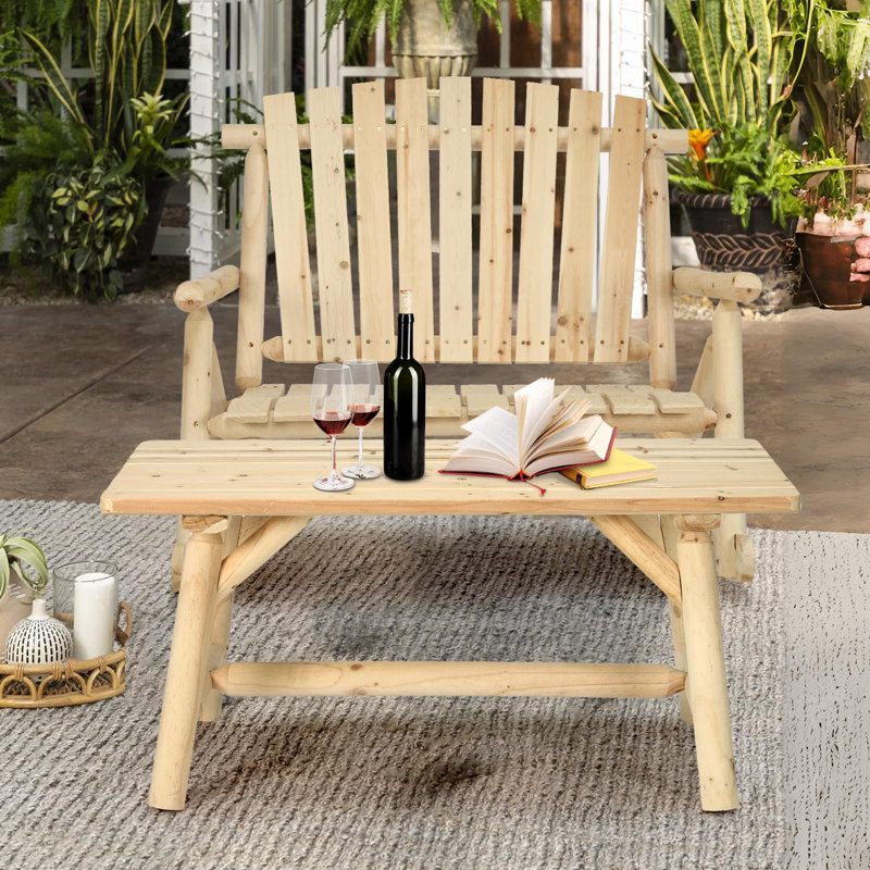 Millwood Pines Outdoor Wood Rocking Bench Set Patio Bistro Set 2 Person Rustic Adirondack Log Rocker With Side Table Slatted Seat High Backrest Patio Rocking Furniture Set For Garden Backyard Wayfair